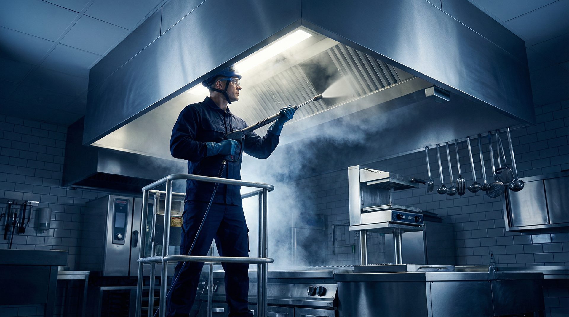 Commercial kitchen extraction ductwork being professionally cleaned to TR19 standard in Peterborough